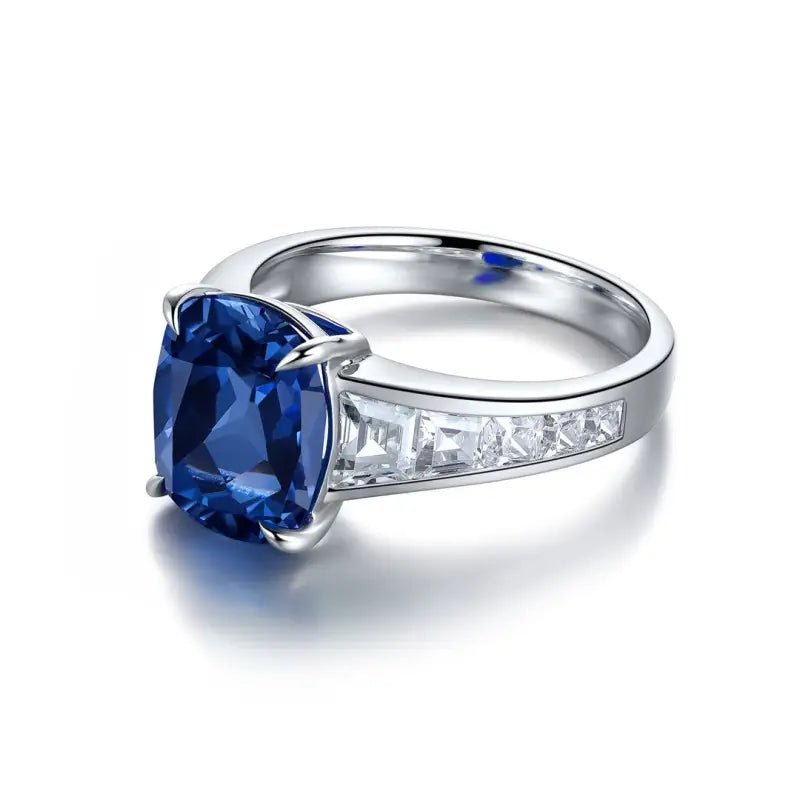 5.5 Ct Cushion Shape Lab Blue Sapphire Four Prongs Half Graduating Channel Engagement Ring - LGG Jewelry