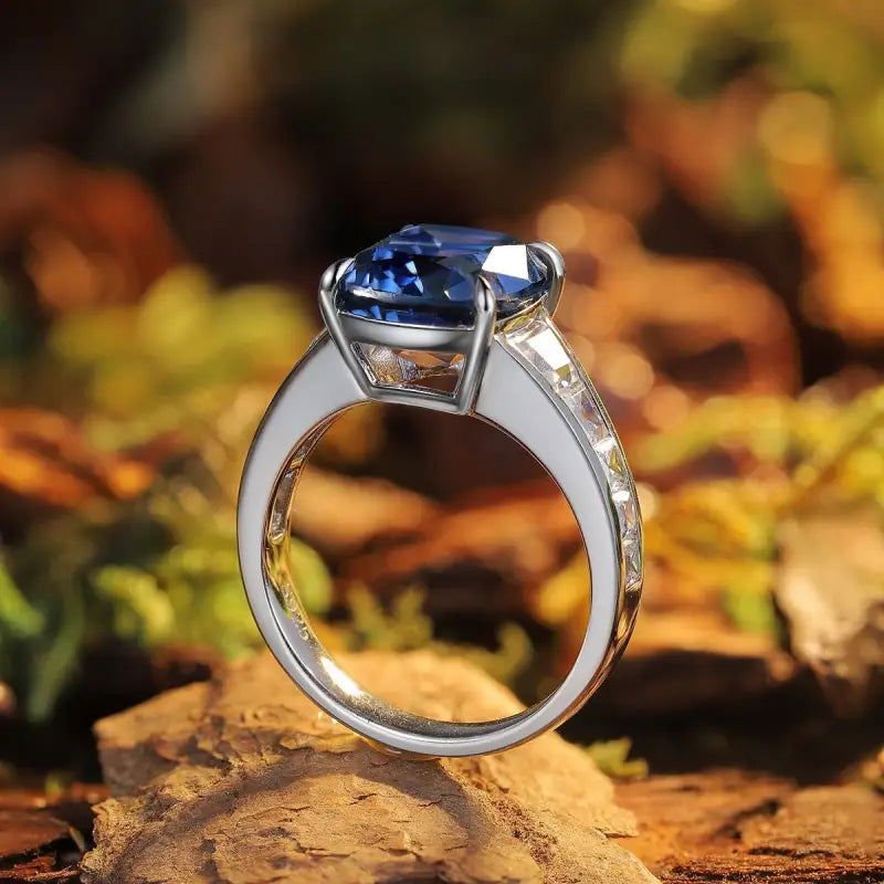 5.5 Ct Cushion Shape Lab Blue Sapphire Four Prongs Half Graduating Channel Engagement Ring - LGG Jewelry