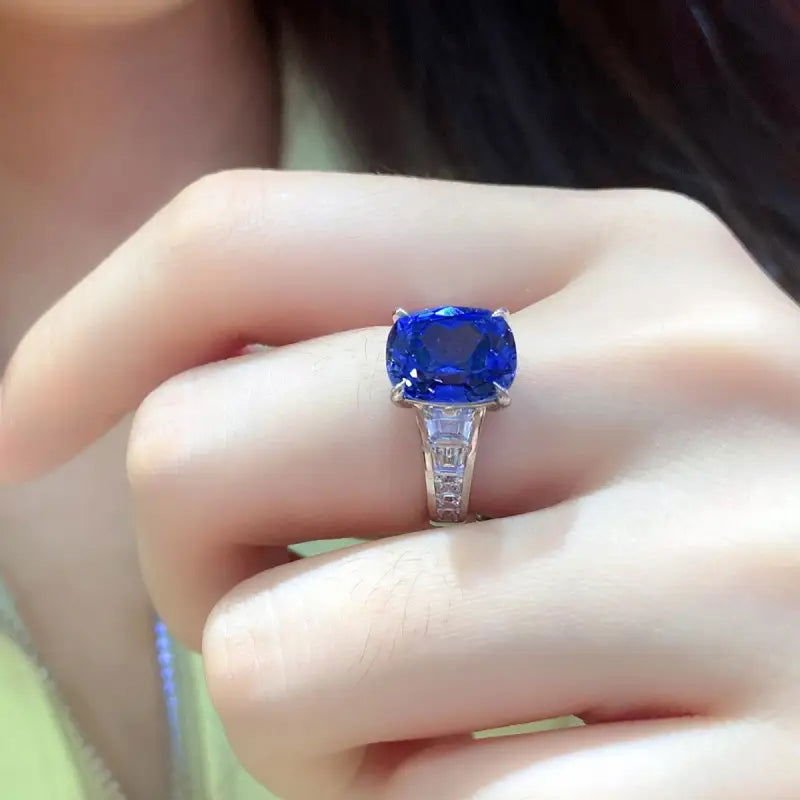 5.5 Ct Cushion Shape Lab Blue Sapphire Four Prongs Half Graduating Channel Engagement Ring - LGG Jewelry