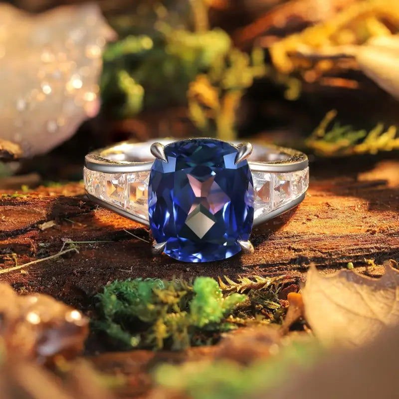 5.5 Ct Cushion Shape Lab Blue Sapphire Four Prongs Half Graduating Channel Engagement Ring - LGG Jewelry