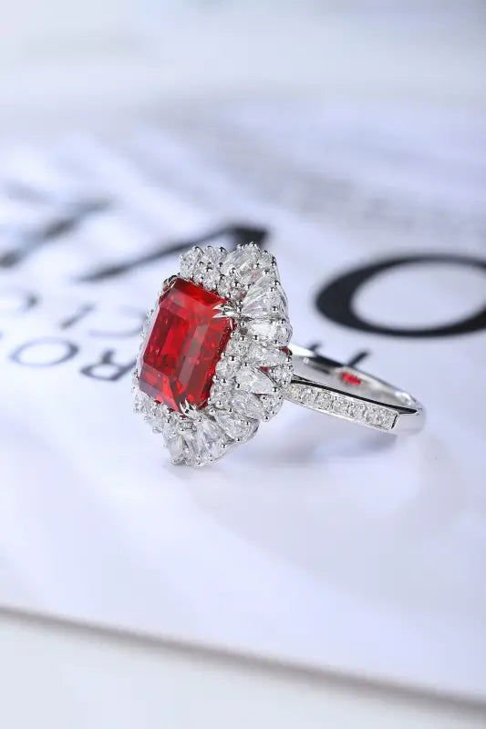 5.9 Ct Asscher Cut Lab Ruby Cluster Engagement Ring - LGG Jewelry