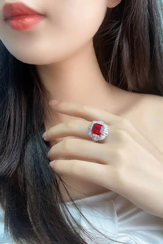 5.9 Ct Asscher Cut Lab Ruby Cluster Engagement Ring - LGG Jewelry