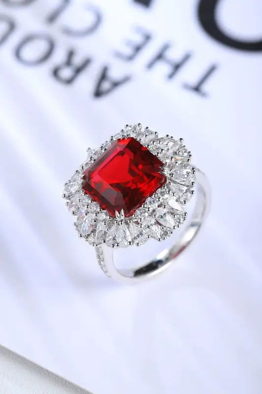 5.9 Ct Asscher Cut Lab Ruby Cluster Engagement Ring - LGG Jewelry