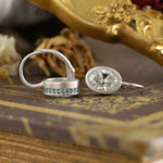 Load image into Gallery viewer, Matte Bezel Oval Cut Lab Diamond Dangle Earrings with Lab Blue Sapphire Hidden Halo

