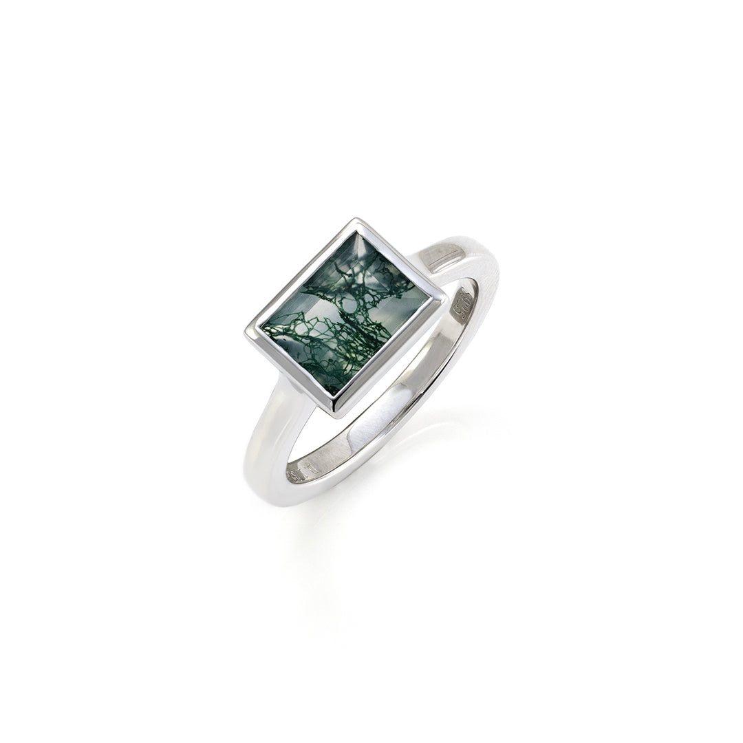 6*8mm Rectangular Moss Agate Solitaire Ring