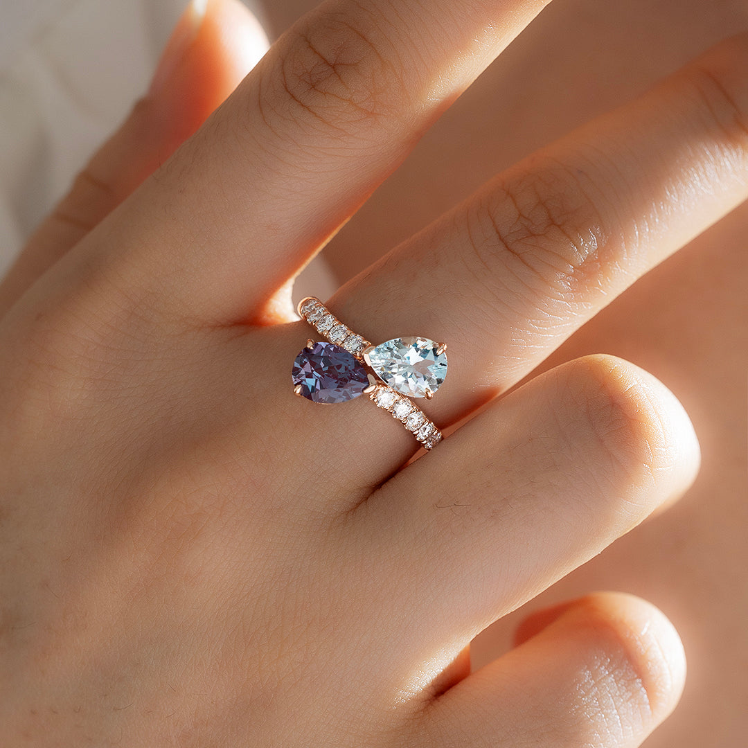 Pear cut Alexandrite & Aquamarine Toi Et Moi Ring