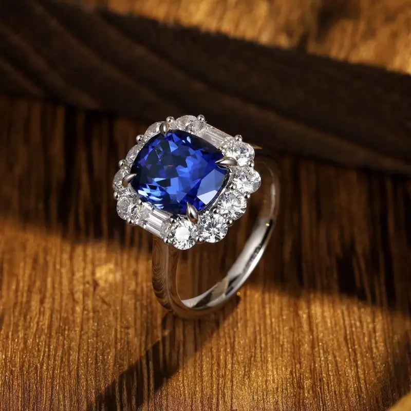 5 Ct Cushion Cut Lab Blue Sapphire  Halo Engagement Ring - LGG Jewelry