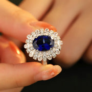 6 Ct Oval Cut Lab Blue Sapphire Cluster Engagement Ring - LGG Jewelry