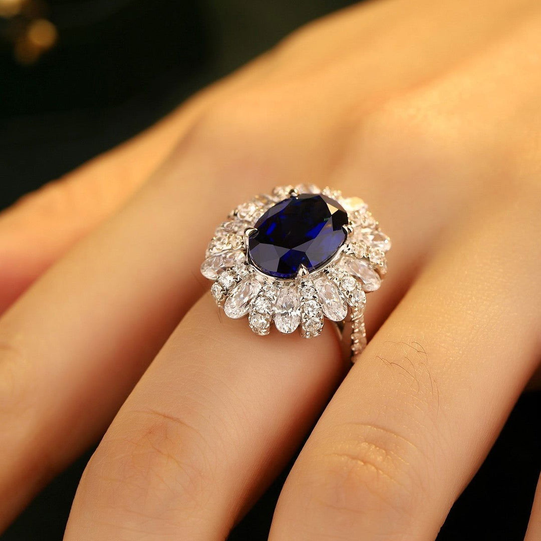 6 Ct Oval Cut Lab Blue Sapphire Cluster Engagement Ring - LGG Jewelry