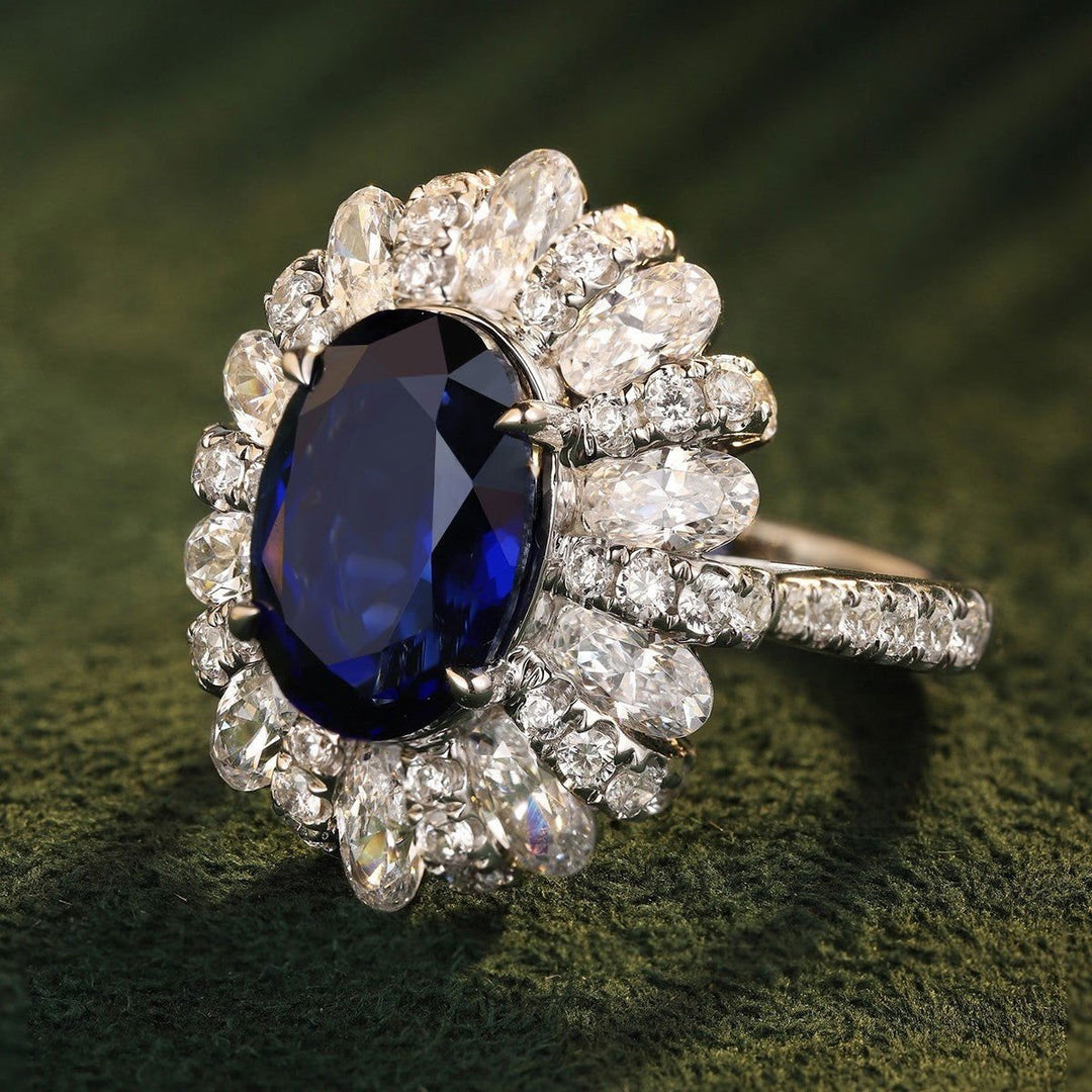 6 Ct Oval Cut Lab Blue Sapphire Cluster Engagement Ring - LGG Jewelry