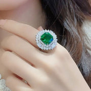6.5 Ct Asscher Cut Lab Emerald Luminous Cluster Engagement Ring - LGG Jewelry