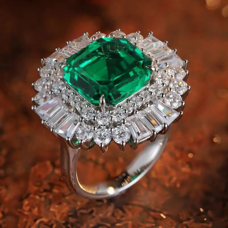 6.5 Ct Asscher Cut Lab Emerald Luminous Cluster Engagement Ring - LGG Jewelry