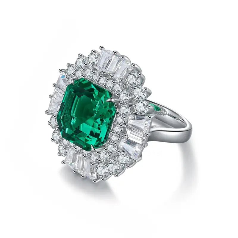 6.5 Ct Asscher Cut Lab Emerald Luminous Cluster Engagement Ring - LGG Jewelry