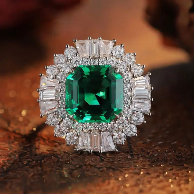 6.5 Ct Asscher Cut Lab Emerald Luminous Cluster Engagement Ring - LGG Jewelry