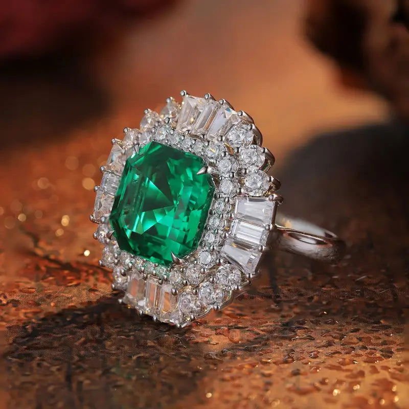 6.5 Ct Asscher Cut Lab Emerald Luminous Cluster Engagement Ring - LGG Jewelry