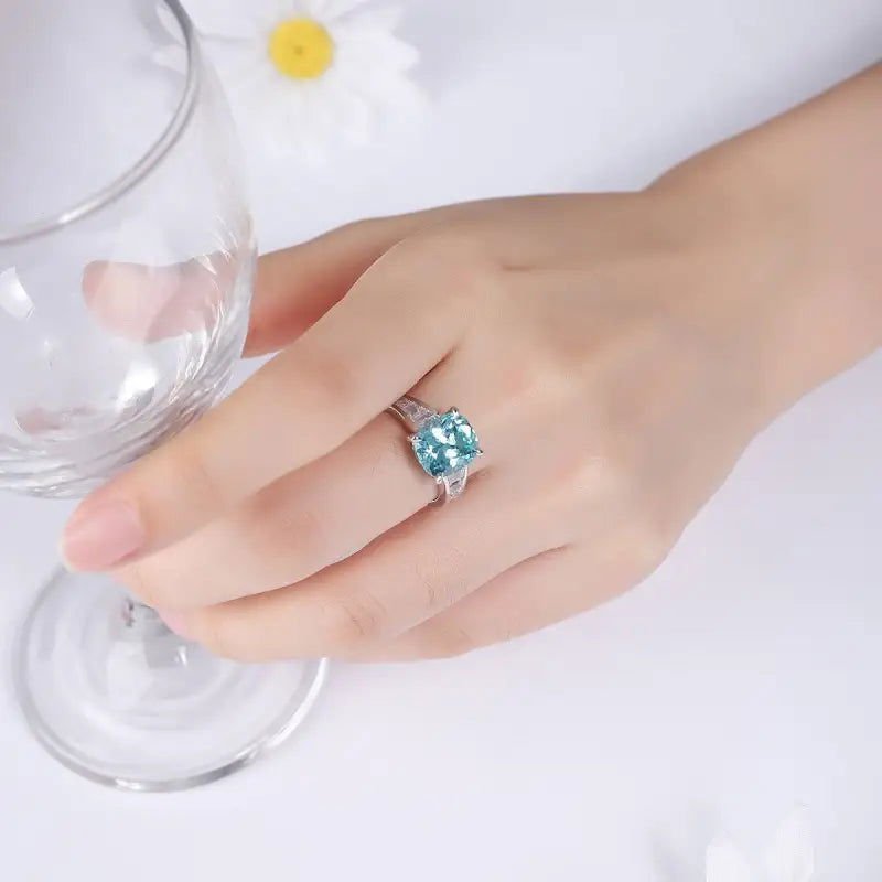 6.5 Ct Cushion Shape Lab Paraiba Four Prongs Graduating Pave Engagement Ring - LGG Jewelry