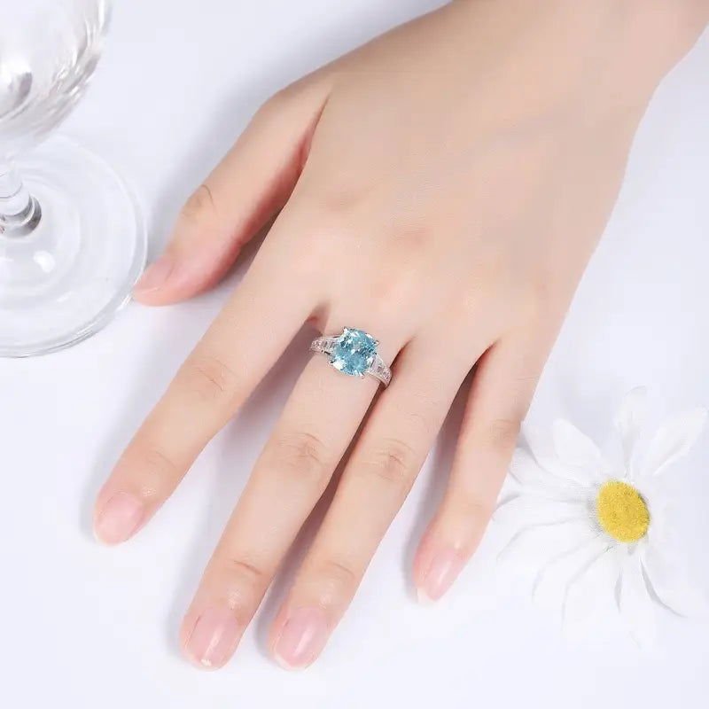 6.5 Ct Cushion Shape Lab Paraiba Four Prongs Graduating Pave Engagement Ring - LGG Jewelry