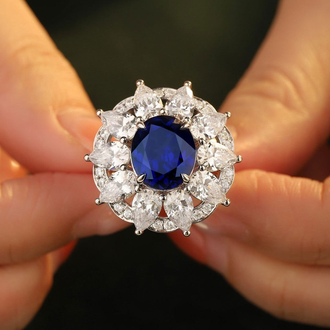 6.5 Ct Oval Cut Lab Blue Sapphire Art Deco Inspired Engagement Ring - LGG Jewelry