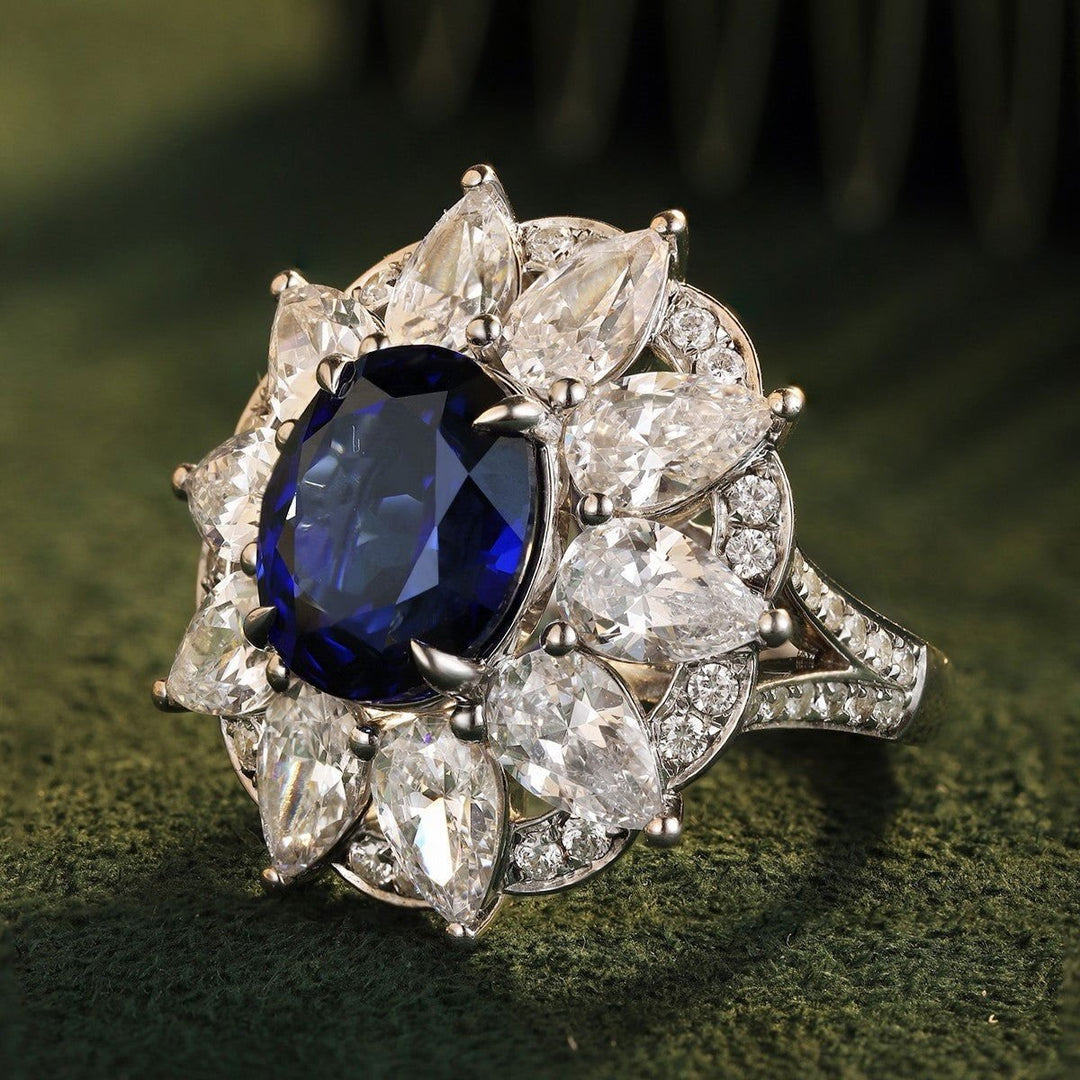 6.5 Ct Oval Cut Lab Blue Sapphire Art Deco Inspired Engagement Ring - LGG Jewelry