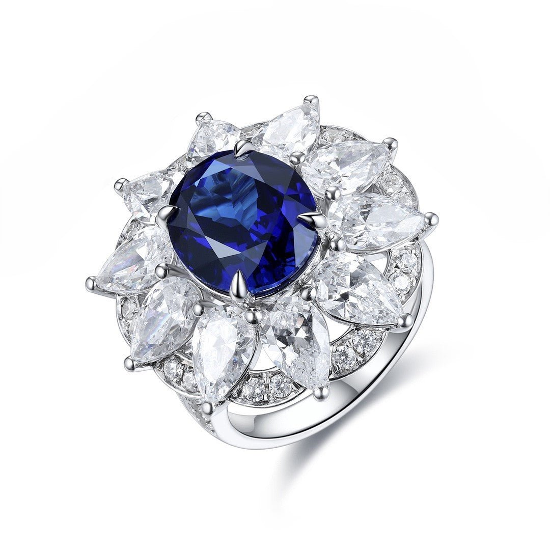 6.5 Ct Oval Cut Lab Blue Sapphire Art Deco Inspired Engagement Ring - LGG Jewelry