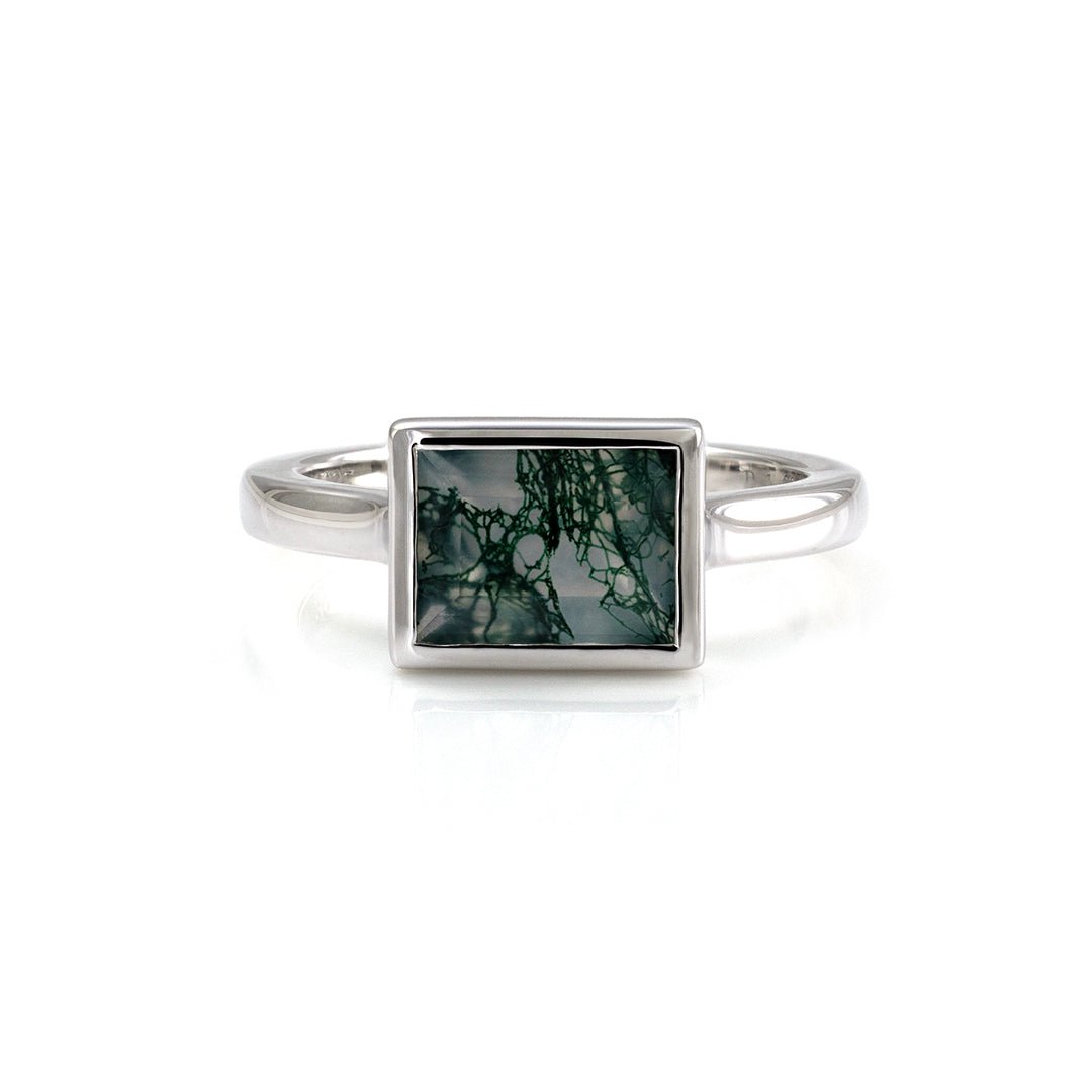 6*8mm Rectangular Moss Agate Solitaire Ring - LGG Jewelry