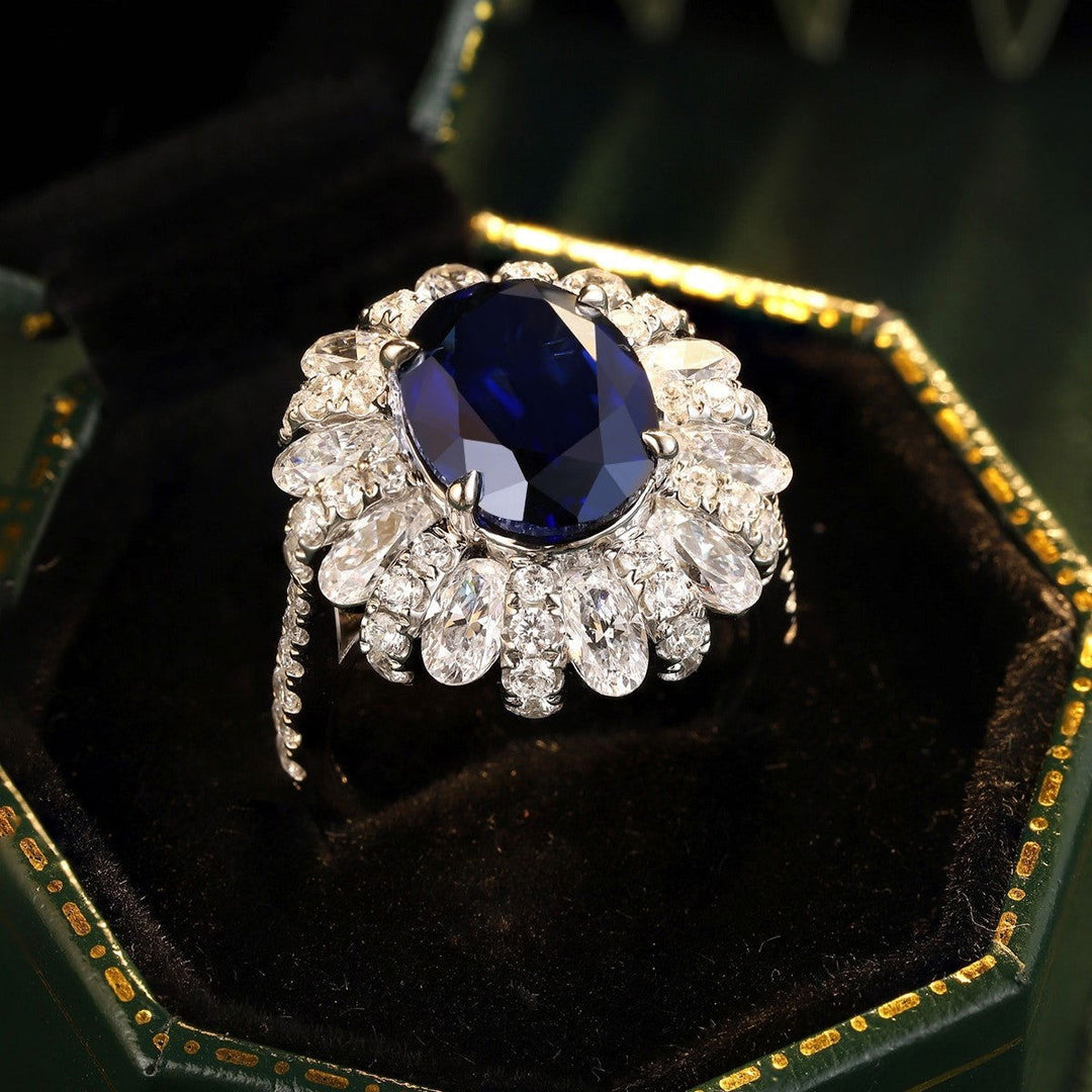 6 Ct Oval Cut Lab Blue Sapphire Cluster Engagement Ring - LGG Jewelry