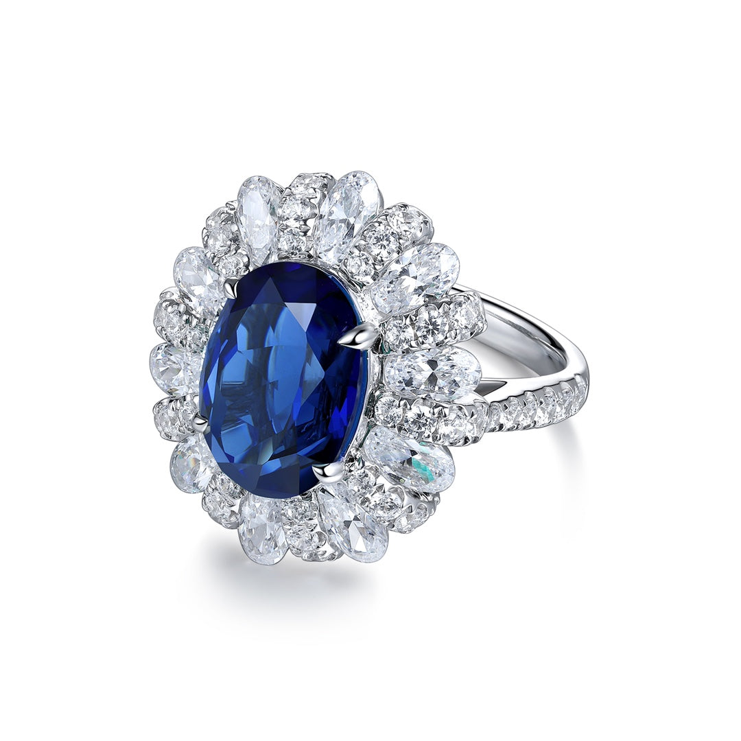 6 Ct Oval Cut Lab Blue Sapphire Cluster Engagement Ring - LGG Jewelry