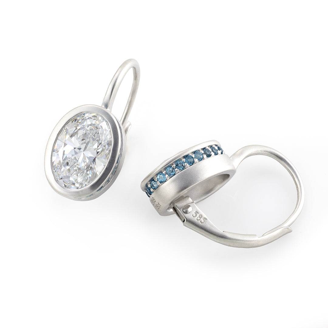 Matte Bezel Oval Cut Lab Diamond Dangle Earrings with Lab Blue Sapphire Hidden Halo
