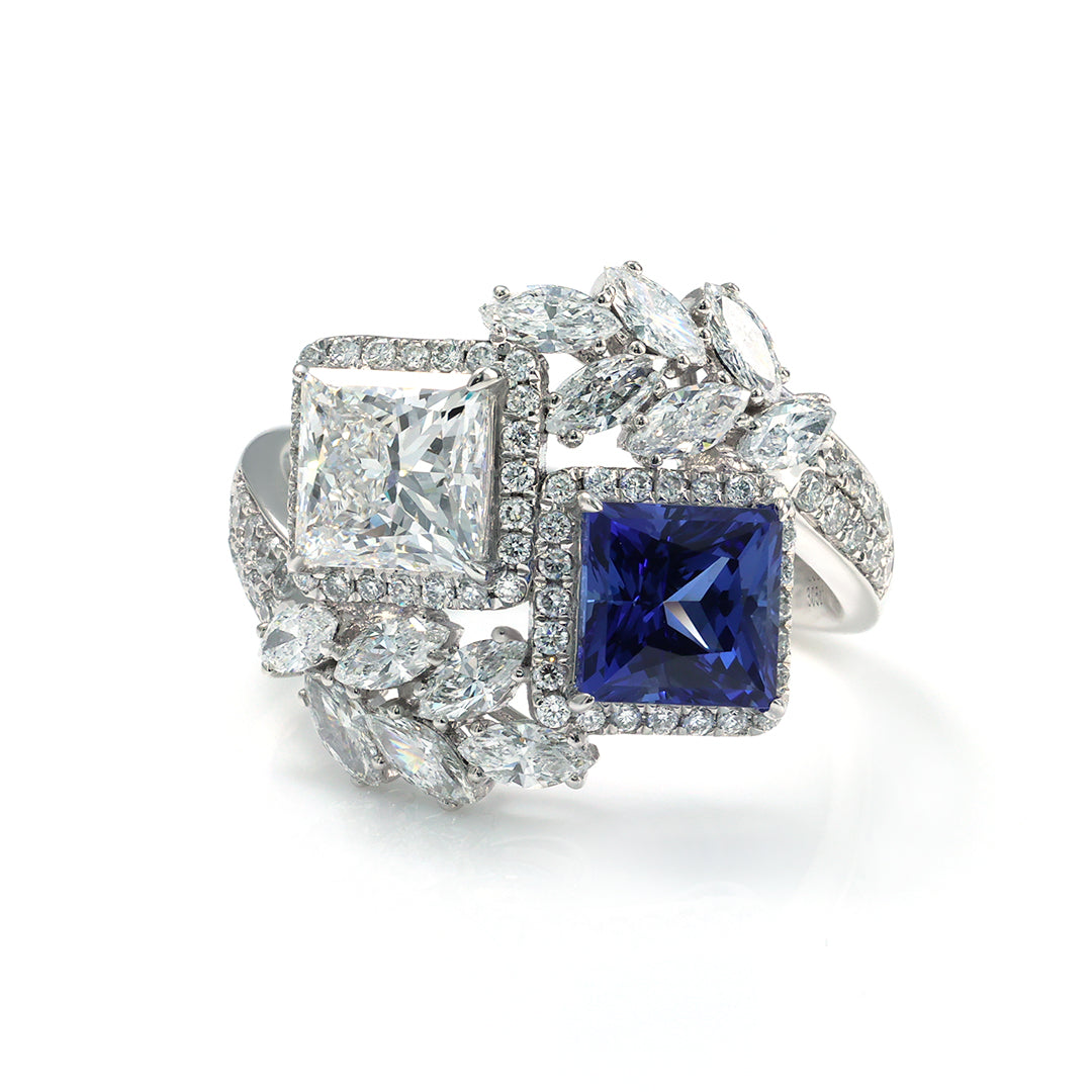 Luxurious Leafy 1.5 CT Princess Cut Lab Diamond & Blue Lab Sapphire Toi Et Moi Engagement Ring
