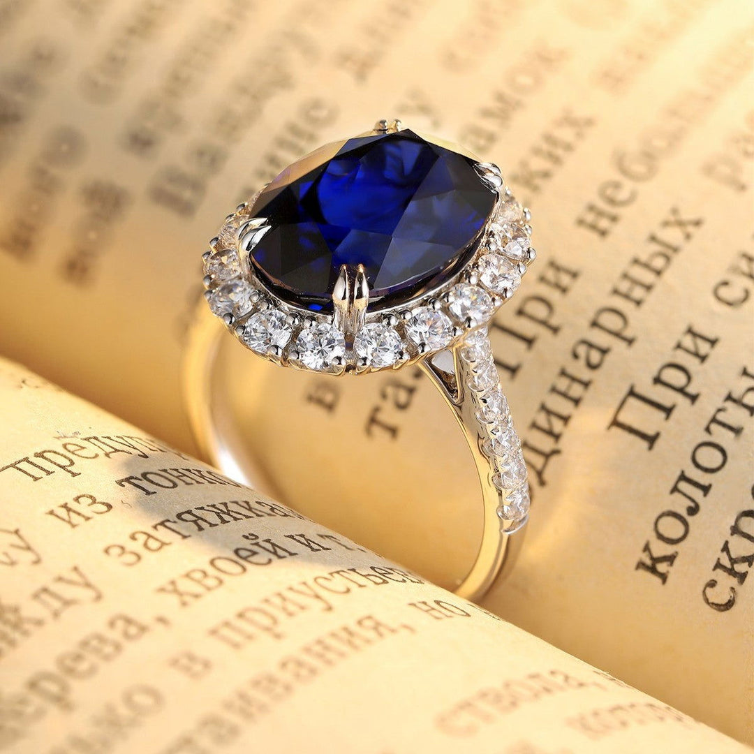 8.5 Ct Oval Cut Lab Blue Sapphire Halo Engagement Ring - LGG Jewelry