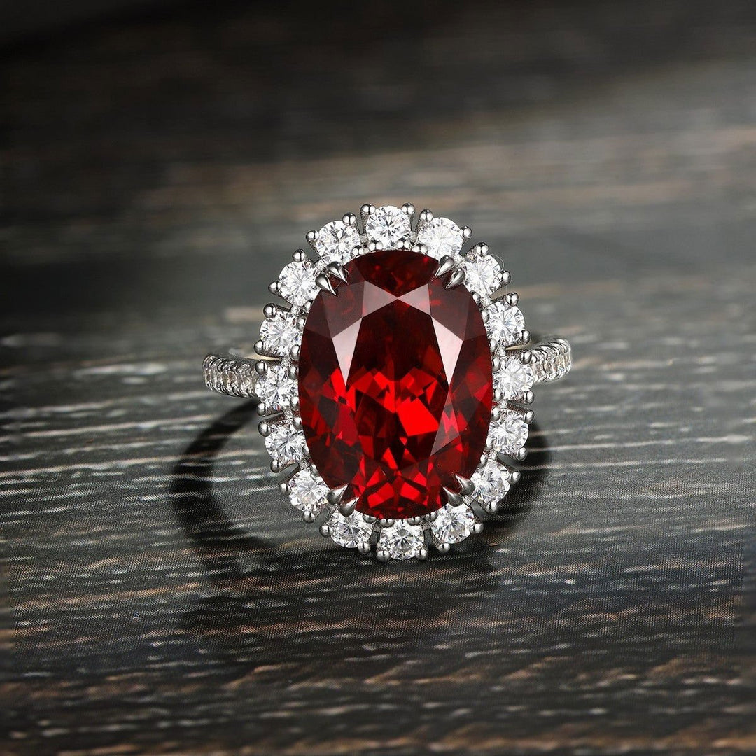 8.5 Ct Oval Cut Lab Ruby Halo Engagement Ring - LGG Jewelry