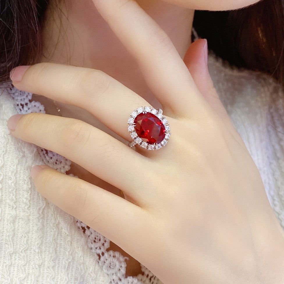 8.5 Ct Oval Cut Lab Ruby Halo Engagement Ring - LGG Jewelry