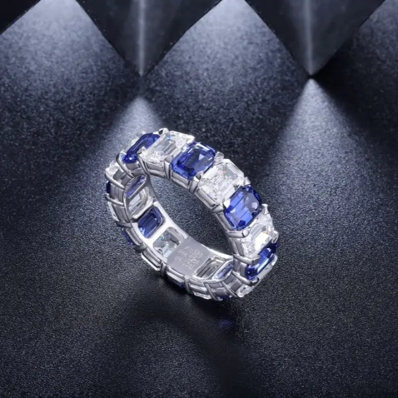 Alternating Emerald Cut Lab Blue Sapphire Eternity Band - LGG Jewelry
