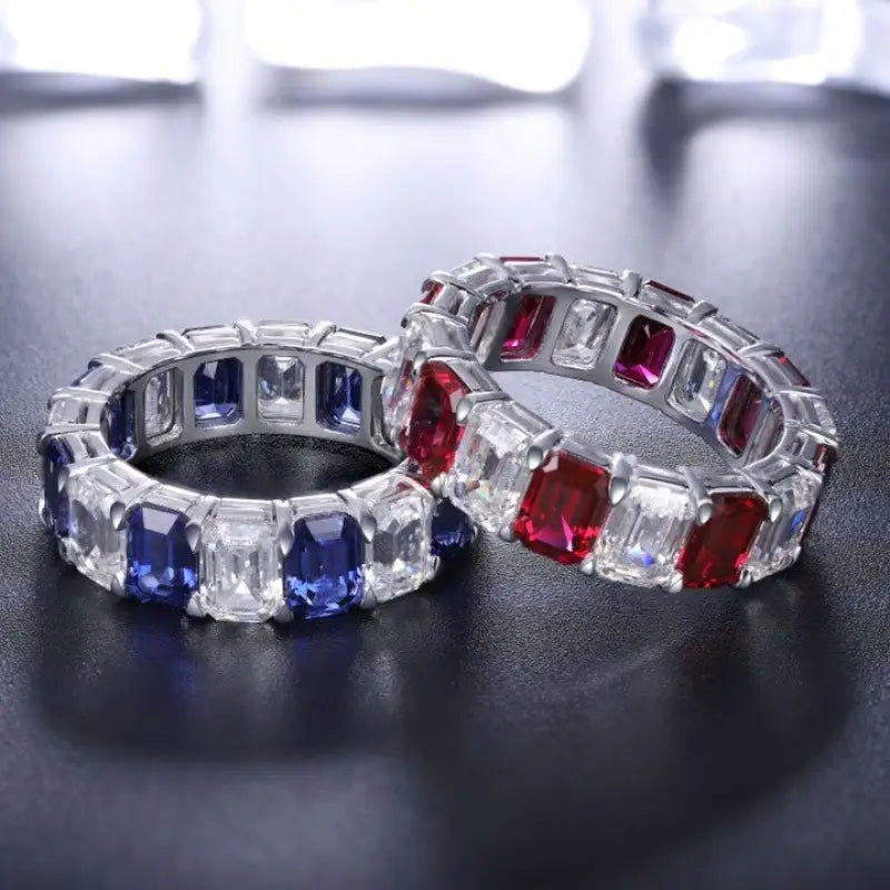 Alternating Emerald Cut Lab Blue Sapphire Eternity Band - LGG Jewelry