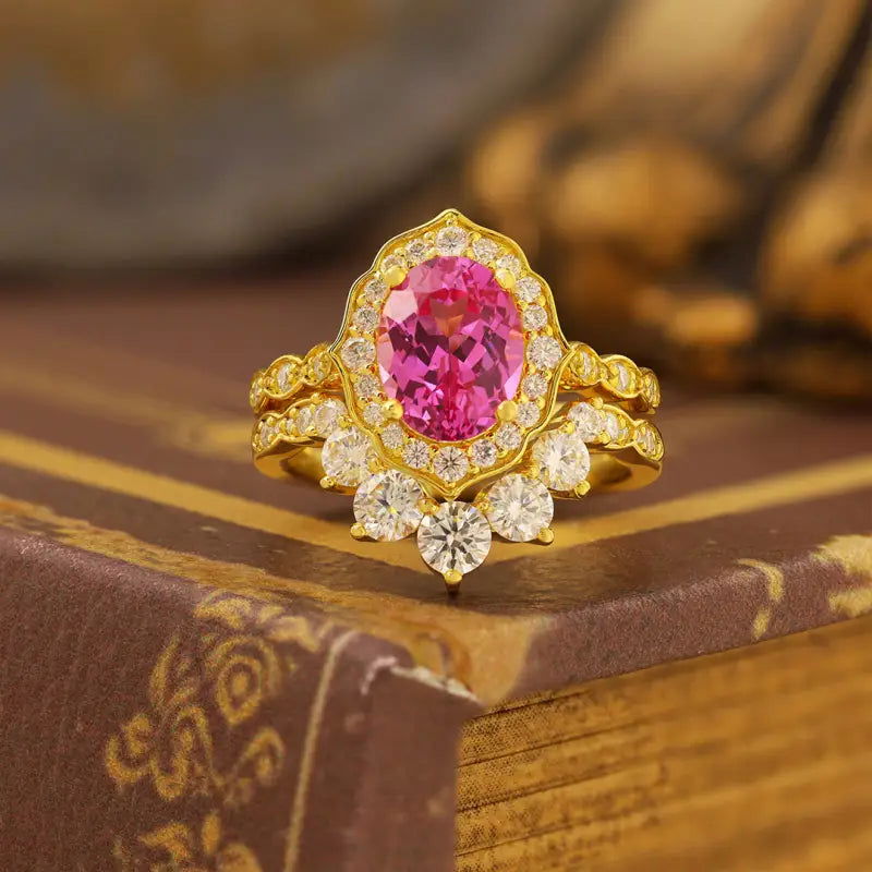 Art Deco Oval Cut Lab Padparadscha Bridal Rings - 2pcs - LGG Jewelry