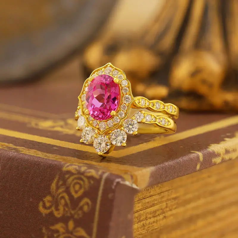 Art Deco Oval Cut Lab Padparadscha Bridal Rings - 2pcs - LGG Jewelry