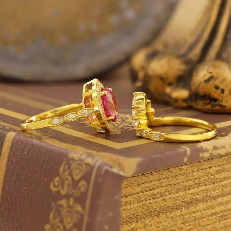 Art Deco Oval Cut Lab Padparadscha Bridal Rings - 2pcs - LGG Jewelry