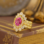 Load image into Gallery viewer, Art Deco Trio Oval Cut Lab Padparadscha Bridal Rings - 3pcs - LGG Jewelry
