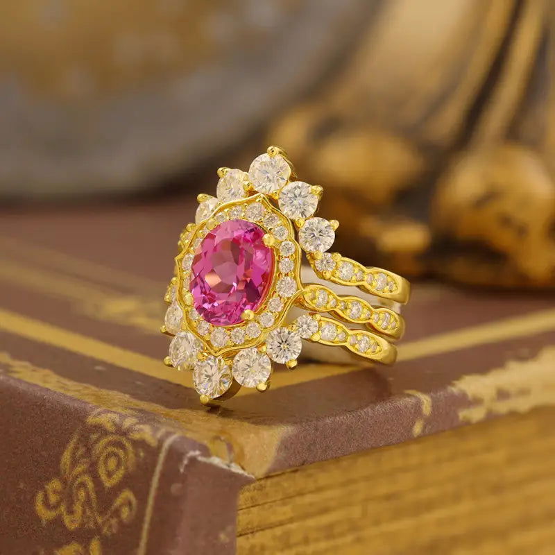 Art Deco Trio Oval Cut Lab Padparadscha Bridal Rings - 3pcs - LGG Jewelry