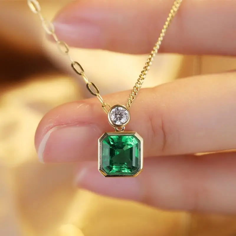 Asscher Cut Columbia Green Lab Emerald Bezel Pendant Necklace - LGG Jewelry
