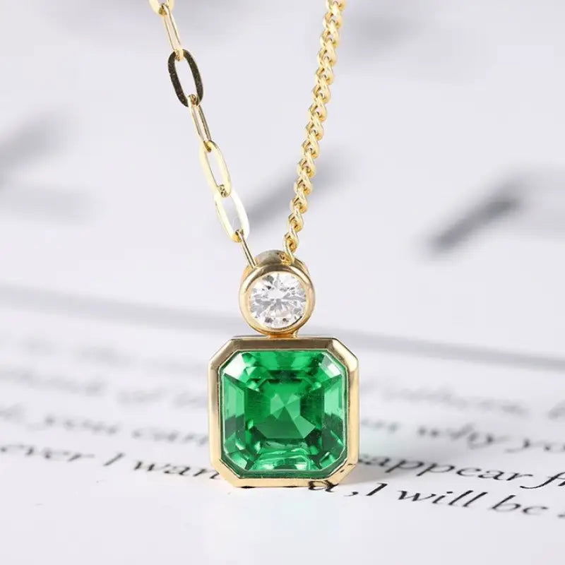 Asscher Cut Columbia Green Lab Emerald Bezel Pendant Necklace - LGG Jewelry