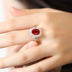 Charger l&#39;image dans la visionneuse de galerie, Big Oval Halo 3 Ct Oval Cut Lab Ruby Engagement Ring - LGG Jewelry
