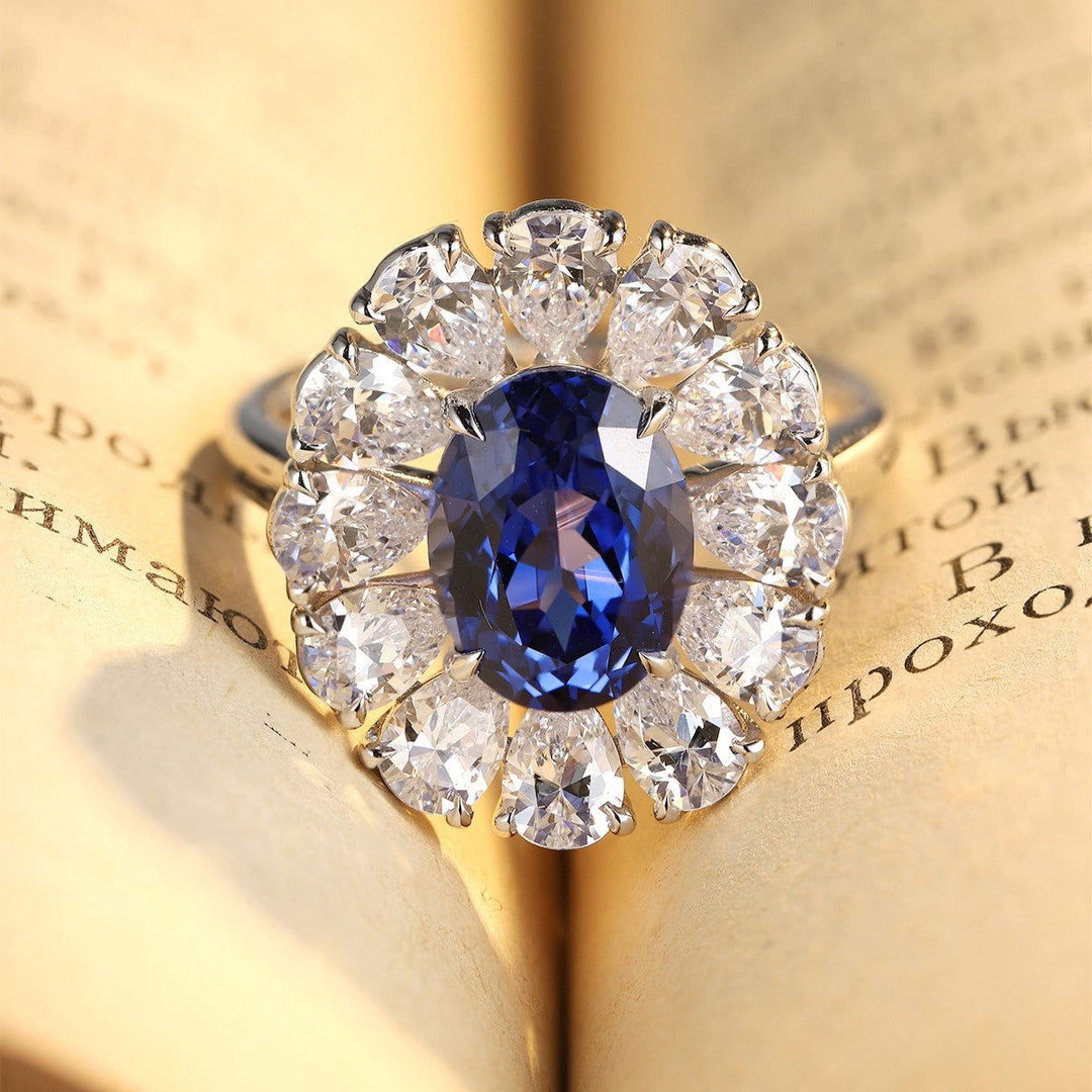 Big Pear Halo 3.5 Ct Oval Cut Lab Blue Sapphire Engagement Ring - LGG Jewelry