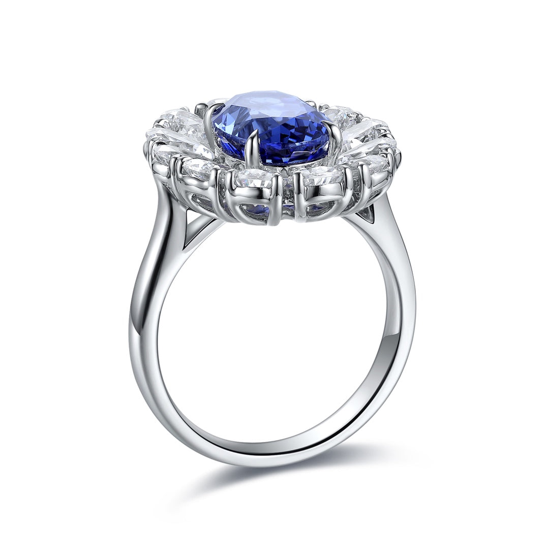 Big Pear Halo 3.5 Ct Oval Cut Lab Blue Sapphire Engagement Ring - LGG Jewelry