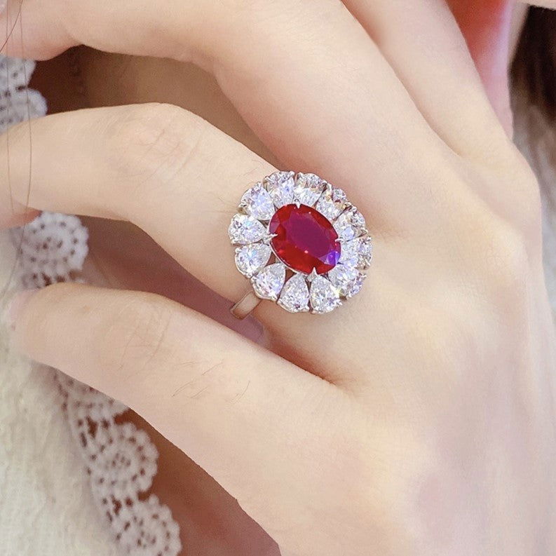 Big Pear Halo 3.5 Ct Oval Cut Lab Ruby Engagement Ring - LGG Jewelry