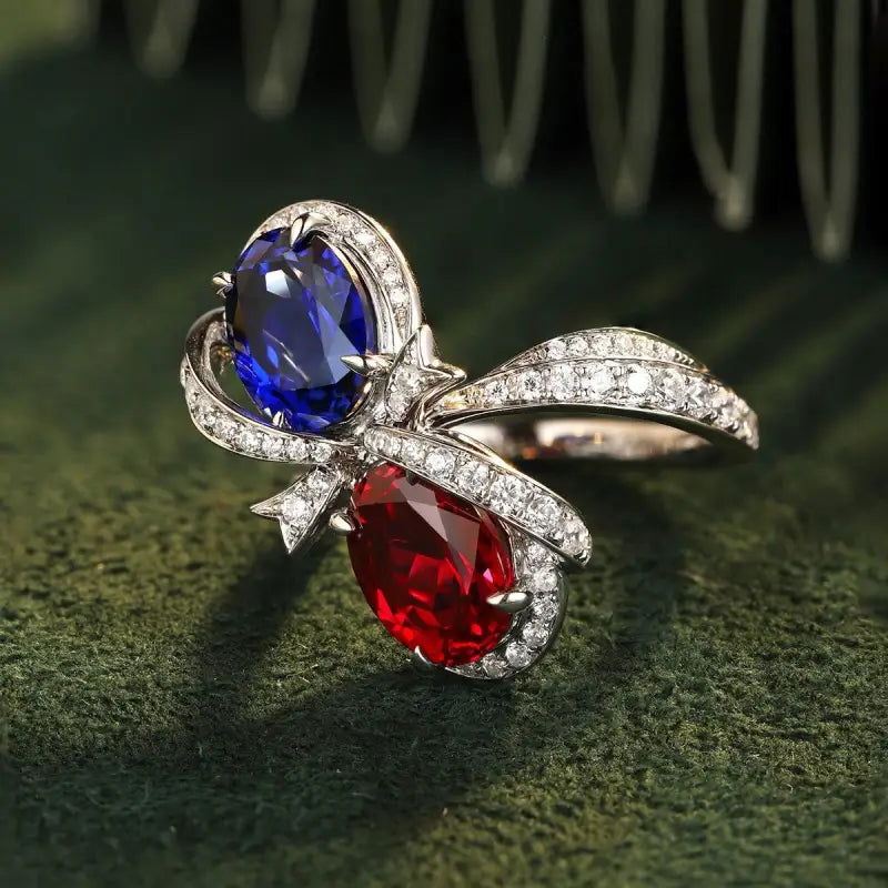 Bowknot 5.3 Ctw Oval Lab Ruby & Lab Blue Sapphire Toi Et Moi Engagement Ring - LGG Jewelry