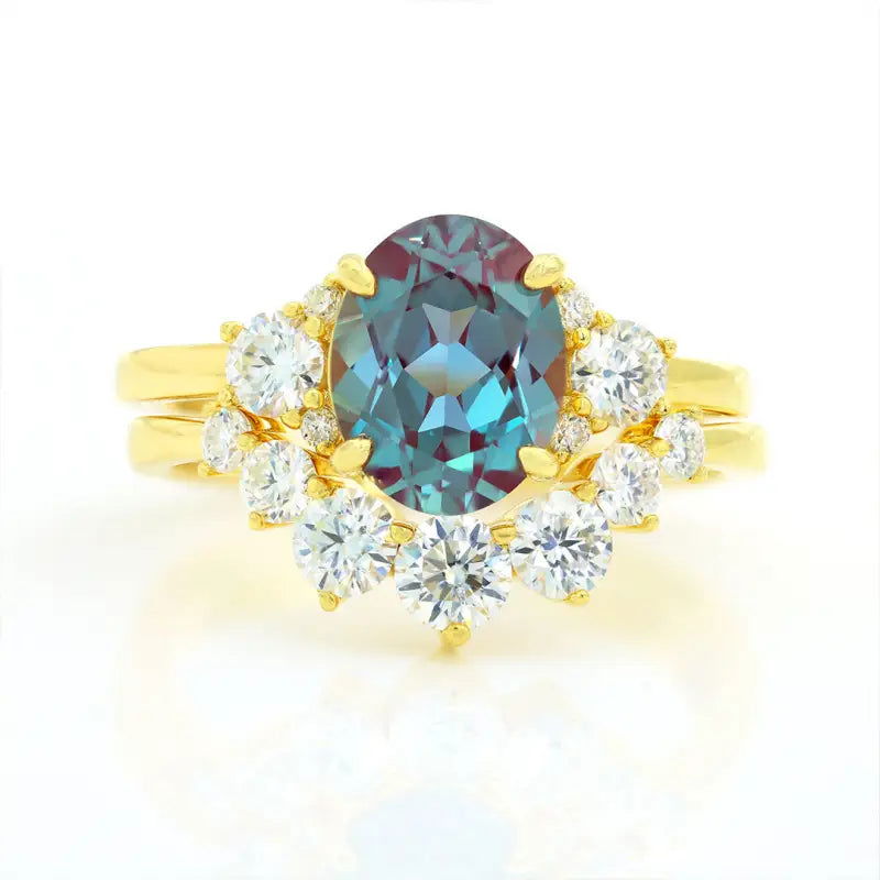 Discoloring Oval Cut Lab Alexandrite Three Stone Bridal Set - 2pcs - LGG Jewelry