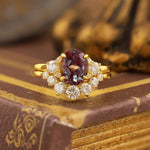 Load image into Gallery viewer, Discoloring Oval Cut Lab Alexandrite Three Stone Bridal Set - 2pcs - LGG Jewelry
