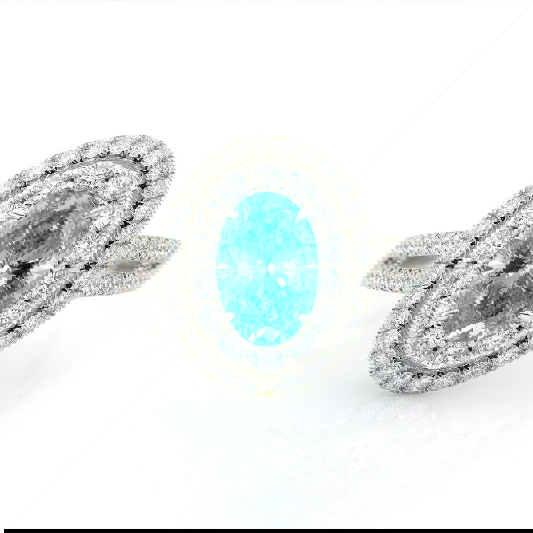 Double Halo 1.37 Ct Oval Cut Fancy Blue Lab Diamond Engagement Ring - LGG Jewelry