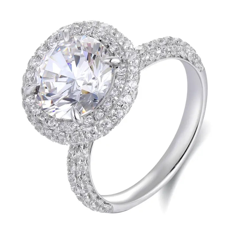 Double Halo 4 Ct Round Cut Moissanite Half Pave Engagement Ring - LGG Jewelry